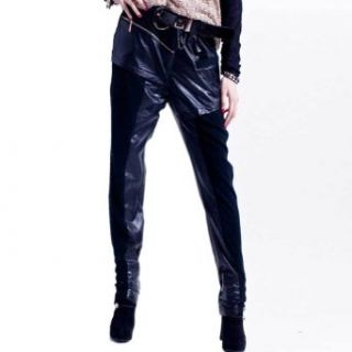 Meilaier Women's Legging Casual Leather Skinny Harem Pants Trousers Black
