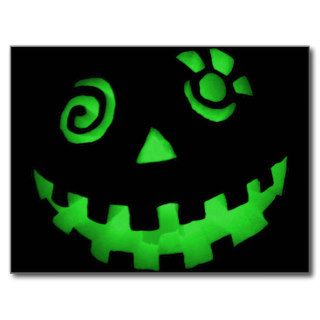 Crazy Jack O Lantern Pumpkin Face Green Post Card