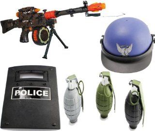 Future Tommy Machine Gun Battery Operated Toy Rifle COMBO SET with Riot Shield, swat helmet, 3 Realistic sounding and exploding Grenades for kids with removable pins Toys & Games
