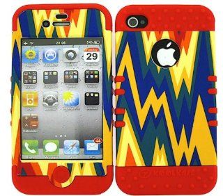 3 IN 1 HYBRID SILICONE COVER FOR APPLE IPHONE 4 4S HARD CASE SOFT RED RUBBER SKIN ZIG ZAG RD TE416 KOOL KASE ROCKER CELL PHONE ACCESSORY EXCLUSIVE BY MANDMWIRELESS Cell Phones & Accessories