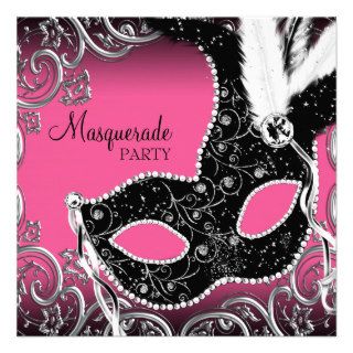 Hot Pink Black Mask Masquerade Party Custom Announcements