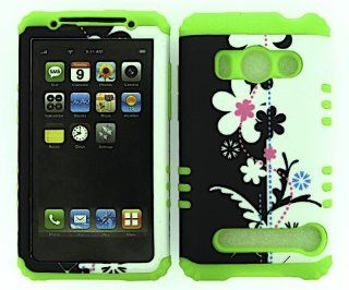 HTC EVO 4G A9292 BLACK WHITE FLOWERS HEAVY DUTY CASE + LIME GREEN GEL SKIN SNAP ON PROTECTOR ACCESSORY Cell Phones & Accessories