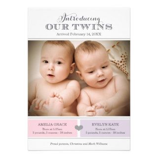 Twins Photo Birth Announcement  Two Baby Girls