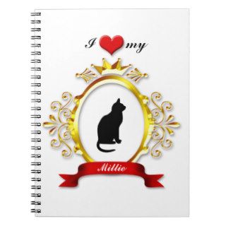 Fancy Gold Frame Red Heart Ribbon Cat Silhouette Spiral Note Books
