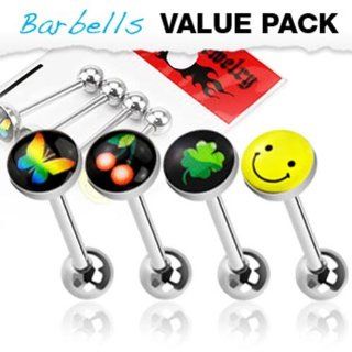 4 Pcs Value Pack of Assorted Logo 316L Surgical Stainless Steel Barbell with Logo Ball   14 GA Thick   5/8" Long (7mm Ball) Body Piercing Barbells Jewelry