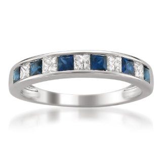 14k White Gold Princess cut Diamond and Blue Sapphire Wedding Band Ring (1 cttw, H I, I1 I2) Sapphire Channel Gold Band Jewelry
