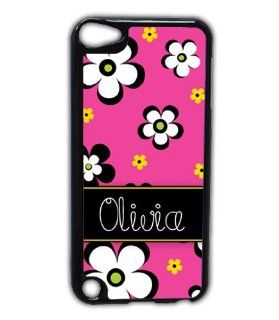 Retro monogrammed Ipod 5 case   Hot pink flowers with name monogram   iPod Touch 5g cover, iTouch case Cell Phones & Accessories