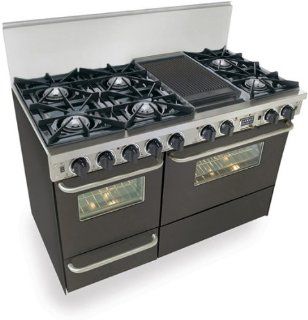 Five Star Range TTN525 7W 48"   6 Open Burner, Reversible 12" Griddle/Grill Dual Fuel Range With 1 Large Electric Self Clean Convection Oven, 1 Small Gas Oven And Continuous Top Grates   Black Finish Appliances