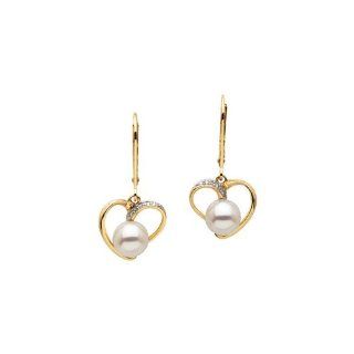 14K Yellow Gold   Freshwater Cultured Pearl & Diamond Earrings Jewelry