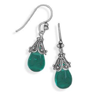Aqua Glass Drop with Bali Cap Earrings on French Wire Jewelry