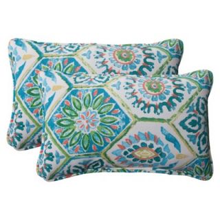 Outdoor 2 Piece Rectangular Toss Pillow Set   Turquoise/Coral Medallion