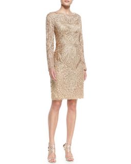 Womens Long Sleeve Embroidered Lace Cocktail Dress, Beige   Sue Wong