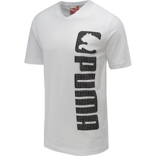 PUMA Mens Vertical Logo V Neck Short Sleeve T Shirt   Size Large, White/black