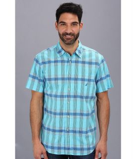 Nautica Poplin Tonal Plaid S/S Woven Shirt Mens Short Sleeve Button Up (Blue)