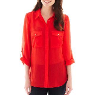 Como Black 3/4 Roll Sleeve Button Front Shirt   Tall, Red