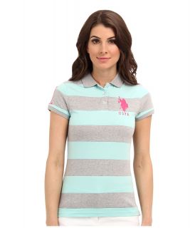 U.S. Polo Assn Wide Striped Polo with Big Embroidered Pony Womens Short Sleeve Knit (Blue)