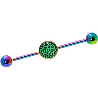 Glow in the Dark Leopard Print Industrial Barbell in Rainbow Titanium Body Candy Jewelry