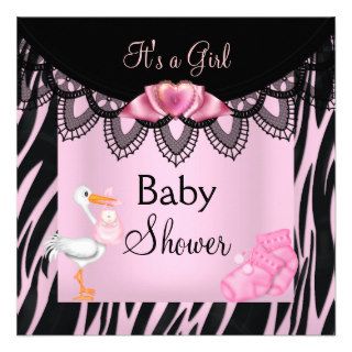 Girl Baby Shower Zebra Pink Black Stork Personalized Invite