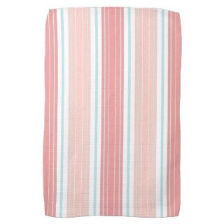 Soft Coral Aqua & Tan on White Shabby Chic Stripes Kitchen Towels