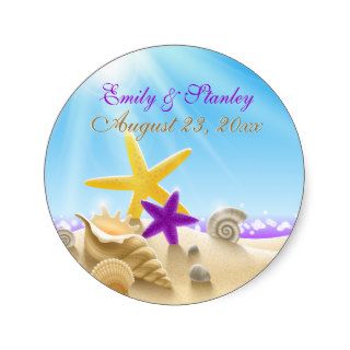 Yellow purple starfish beach wedding Save the Date Stickers