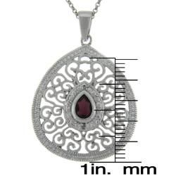 Dolce Giavonna Sterling Silver Garnet and Diamond Accent Filigree Teardrop Necklace Dolce Giavonna Gemstone Necklaces