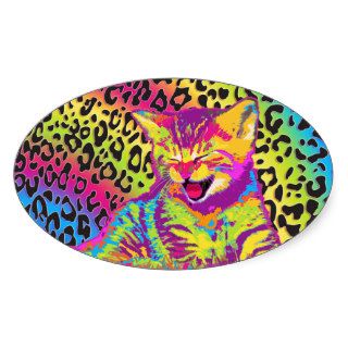 Kitten on rainbow leopard print background oval stickers