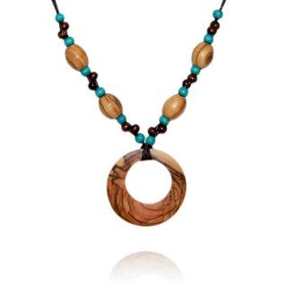 Handmade Olive Wood Large Hoop Necklace with Olive Wood Beads and Brown and Turquoise Wooden Beads Pendant Necklaces Jewelry