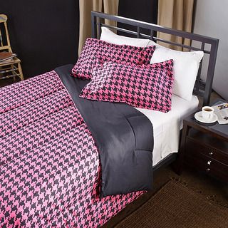 Pink/ Black Houndstooth 3 Piece Full/ Queen size Comforter Set Comforter Sets