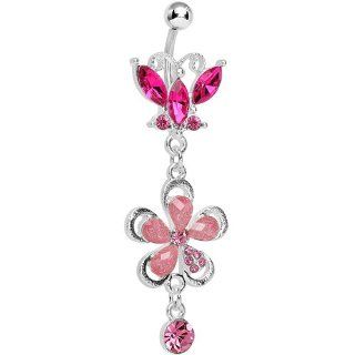 Pink Gem Butterfly Flower Drop Belly Ring Body Candy Jewelry