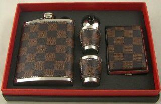 5 Pc Flask Gift Set, Comes with Flask, Two Shot Glasses, Funnel, and Cigarette Case; Checkered Design Kitchen & Dining