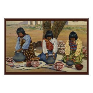 Pueblo Indian women making ceramic pots poster
