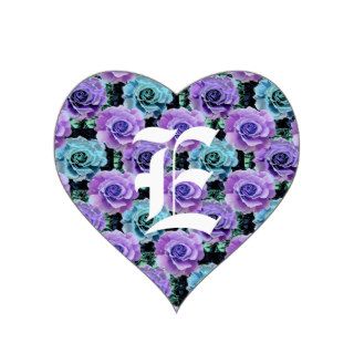 Monogram Letter E Blue Roses Heart Sticker