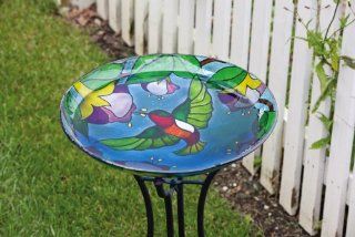 17.7" Vibrant Hummingbird and Purple Floral Stained Glass Bird Bath Bowl  Birdbaths  Patio, Lawn & Garden