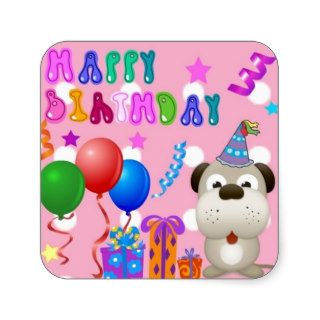 Happy birthday cute puppy with cake and gifts pink square stickers