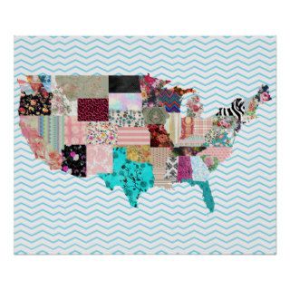United states Map floral trendy pattern patchwork Print