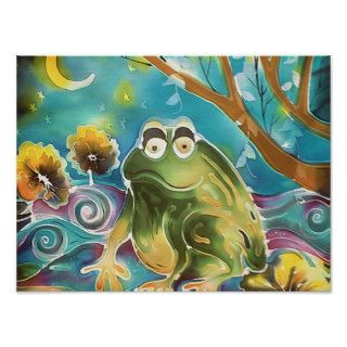 Happy Whimsical Frog at Night Silk Painting Posters