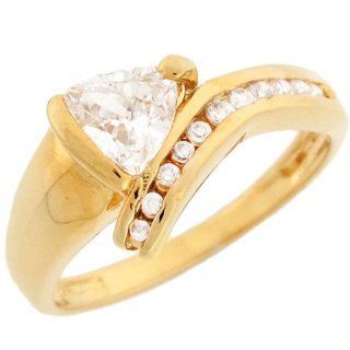 14k Yellow Gold Trillion Shaped CZ Ring with Round Channel accents Jewelry