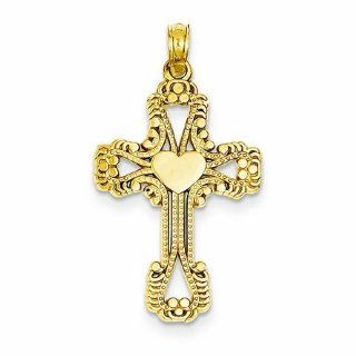 14K Gold Beaded Cross with Heart Pendant Jewelry