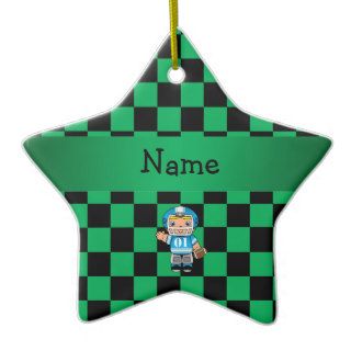 Personalized name football player green checkers christmas tree ornaments