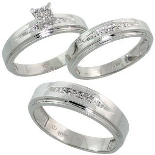 10k White Gold Diamond Trio Engagement Wedding Ring Set for Him and Her 3 piece 6 mm & 5 mm wide 0.11 cttw Brilliant Cut, ladies sizes 5   10, mens sizes 8   14 Jewelry