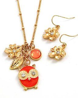 Goldtone Orange Color Owl and Flower Necklace and Earrings Set Jewelry