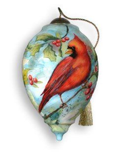 Ne'Qwa "Cardinal Holly With Flowers" Hand Painted Glass Christmas Ornament #575   Decorative Hanging Ornaments
