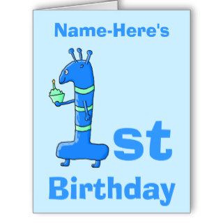 1st birthday cartoon, in blue. Custom Name. Greeting Card