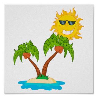 cartoon island sun and palm trees posters