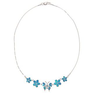 La Preciosa Silver Created Blue Opal Flower and Butterfly Necklace La Preciosa Gemstone Necklaces
