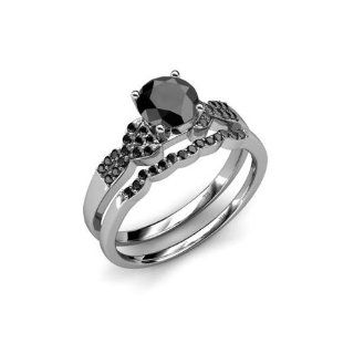 Four Prong 1.40cttw Natural Treated Black Round Diamond Bridal Set Ring & Wedding Band in 14K White Gold. Jewelry
