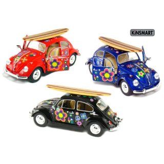 Set of 3 6�" 1967 Volkswagen Classic Beetle with Flower Decals and Surfboard 124 Scale (Black/Blue/Red) Toys & Games