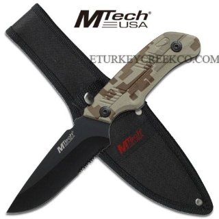 MT 565DM. M Tech Combat Hunter. Camo Coated Handle 8.25" Overall M Tech Combat Hunting Knife. All Black, Half Serrated 440 Stainless Steel Blade. Camo Coated Aluminum Handle. 8.25" Overall Includes Heavy Duty Nylon Case. KNIFE fixed blade knife h