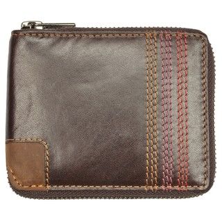 Brown Topstitched Leather Bi fold Zip Wallet UNICO Men's Wallets