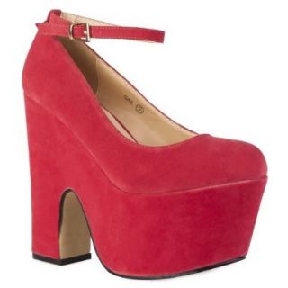 85S Womens Coral Red Faux Suede Ladies Cut Out Wedge Heel Platform Court Shoes Size 5 US Shoes